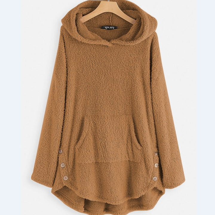 Women's cuddly teddy hoodie with kangaroo pocket, button placket on the sides and rounded hem Mune Fashion