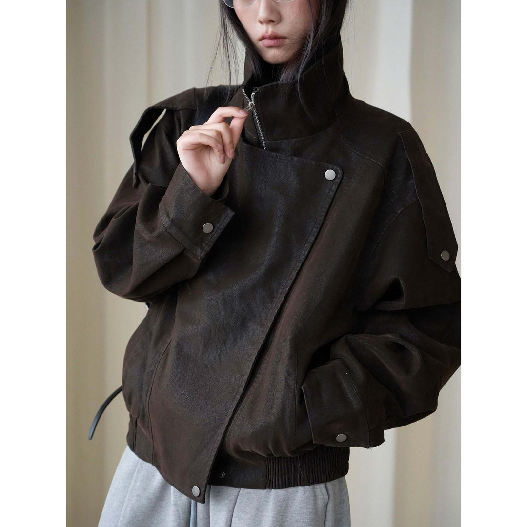 Women's Oversized Leather Jacket with High Collar and Asymmetrical Snap Placket Mune Fashion