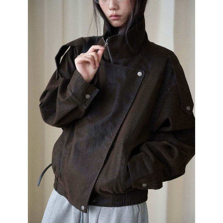 Women's Oversized Leather Jacket with High Collar and Asymmetrical Snap Placket Mune Fashion