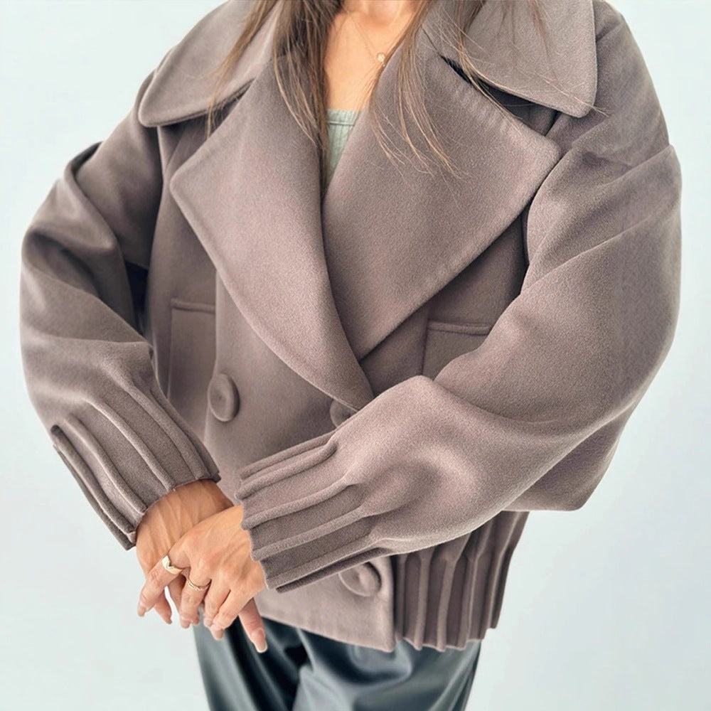 Women's Short Boxy Wool Coat with Oversized Shawl Collar, Double Button Placket and Ribbed Cuff Mune Fashion