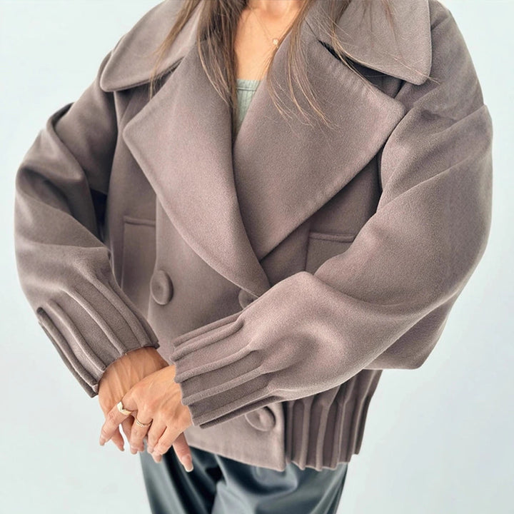 Women's Short Boxy Wool Coat with Oversized Shawl Collar, Double Button Placket and Ribbed Cuff Mune Fashion