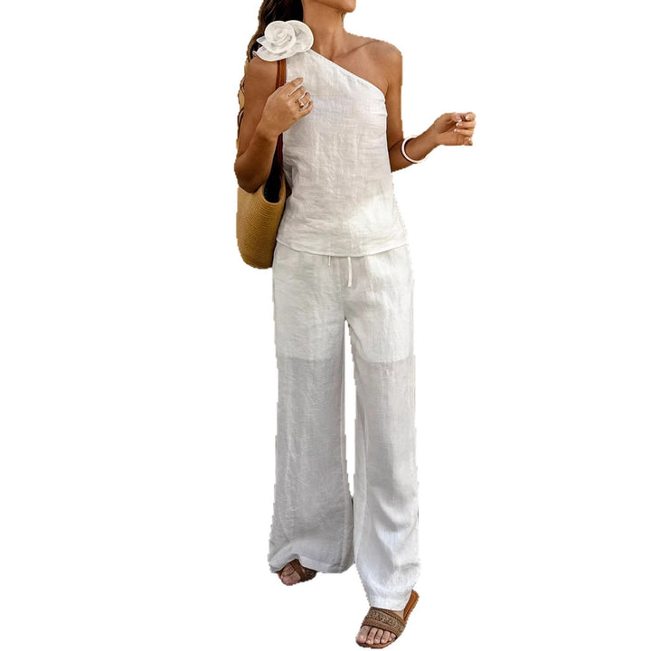Women One-Shoulder Linen Jumpsuit with Decorative Rosette and Wide Leg Mune Fashion