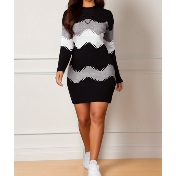 Women Figure-Hugging Knit Mini Dress with Long Sleeves and Zigzag Pattern Mune Fashion