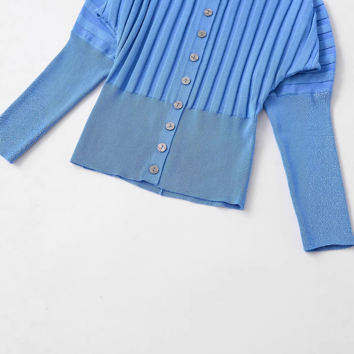 Women Ribbed Knit Cardigan with Balloon Sleeves and Continuous Button Placket Mune Fashion