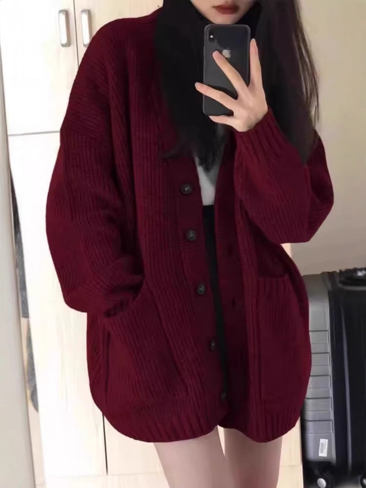 Women Oversized Knit Cardigan with Patch Pockets and Continuous Button Placket Mune Fashion