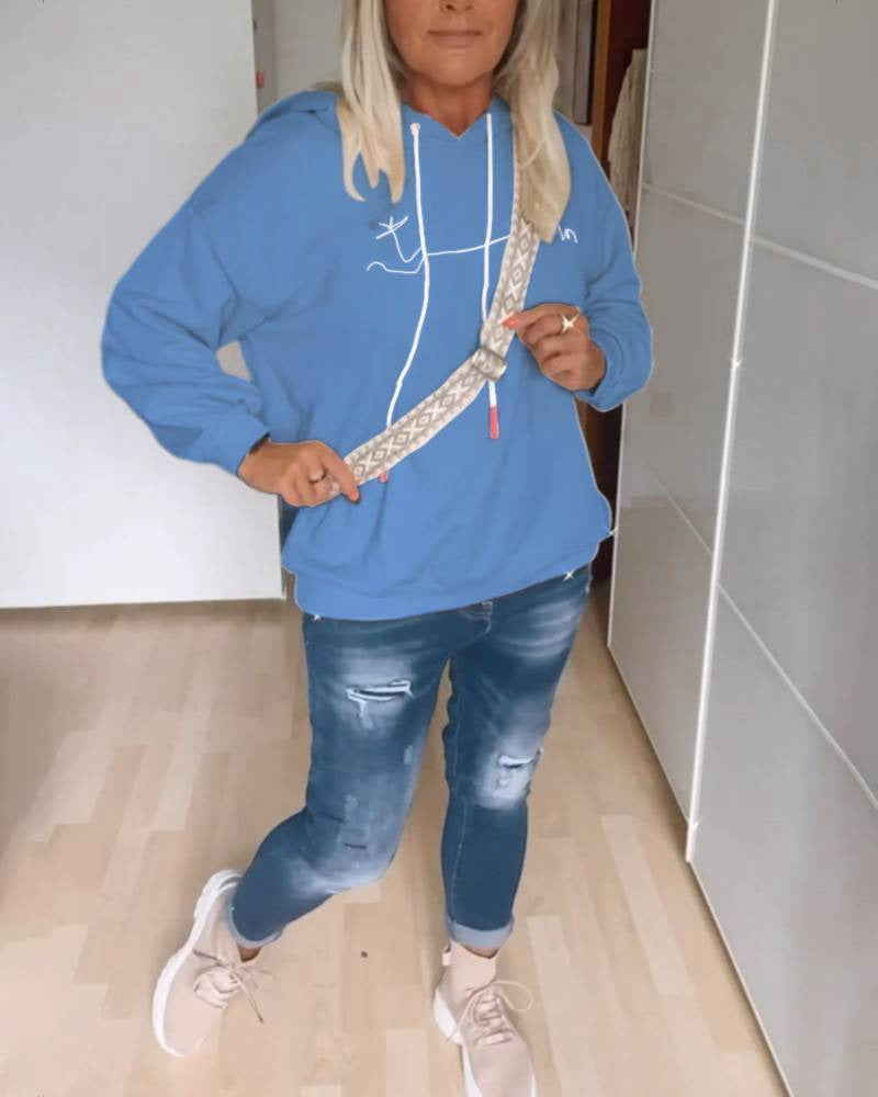 Women casual hoodie with minimalist line graphic, drawstring and ribbed hem Mune Fashion