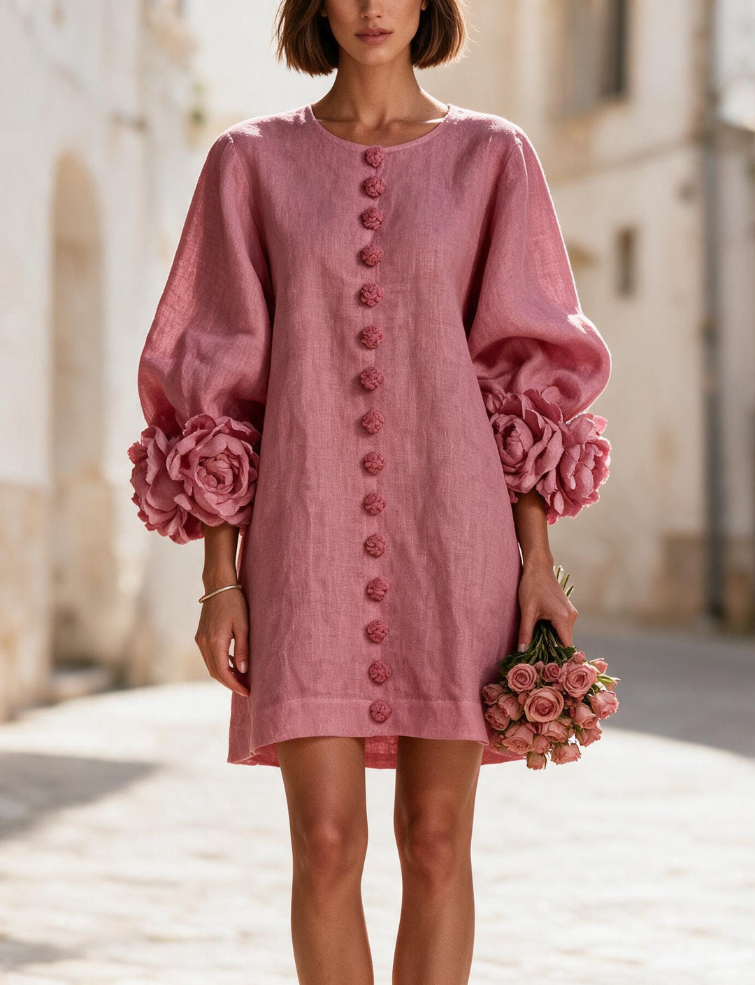 Ladies short dress made of linen with voluminous balloon sleeves and 3D flower cuffs Mune Fashion