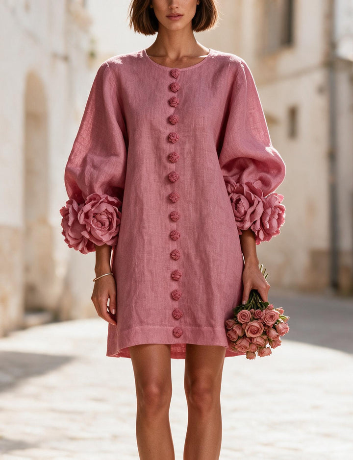Ladies short dress made of linen with voluminous balloon sleeves and 3D flower cuffs Mune Fashion