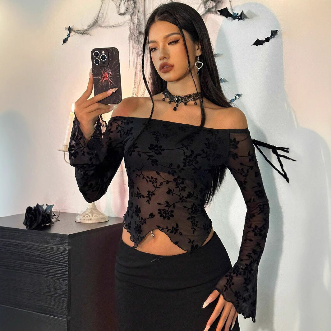 Women non-transparent mesh top with floral velvet flock appliqué, Carmen neckline and short waist hem Mune Fashion