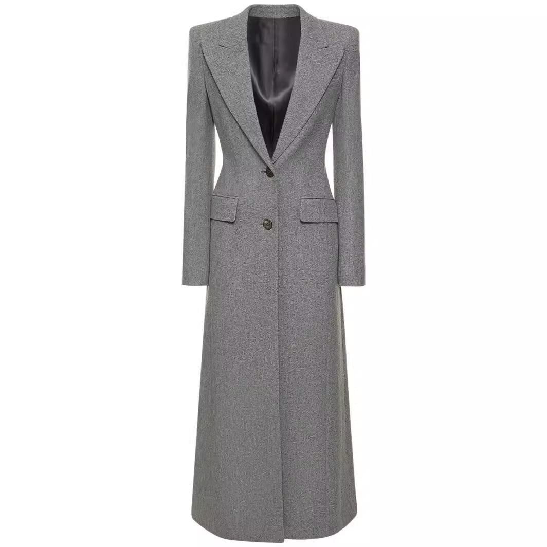 Women's Maxi Long Wool Blend Blazer Coat with Distinctive Shoulder Design Mune Fashion
