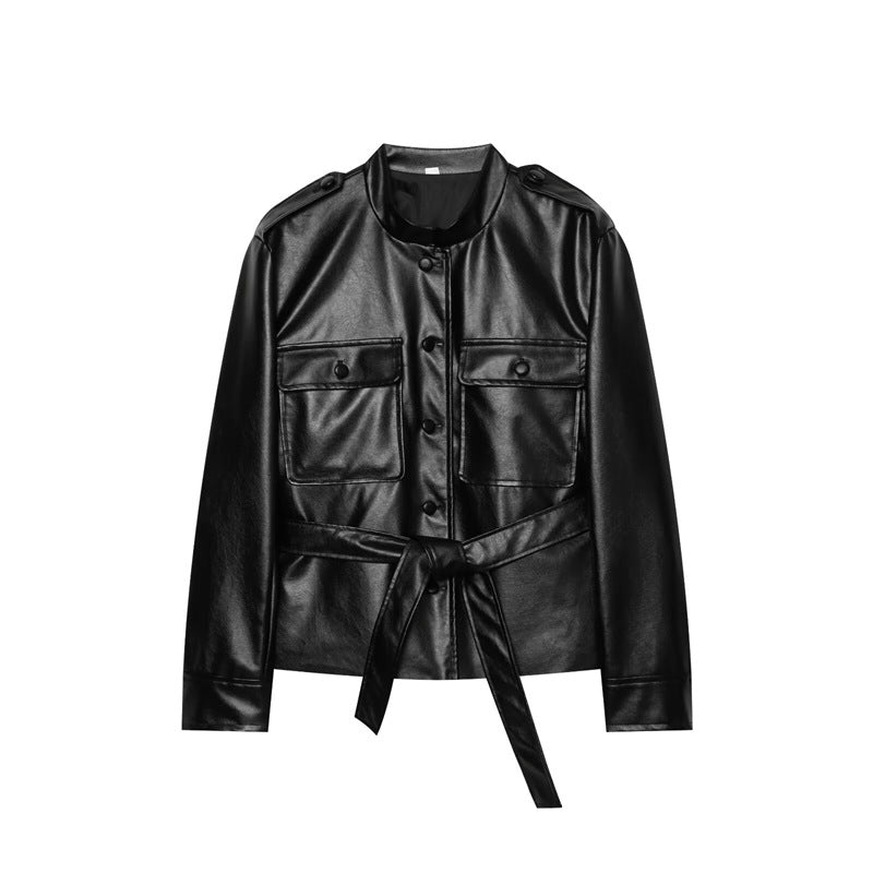Women's Tailored Faux Leather Safari Jacket with Tie Belt and Flap Pockets Mune Fashion
