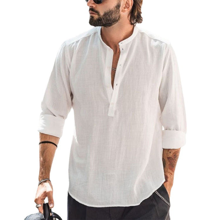 Men's casual shirt with stand-up collar, short button placket, and rounded hem Mune Fashion