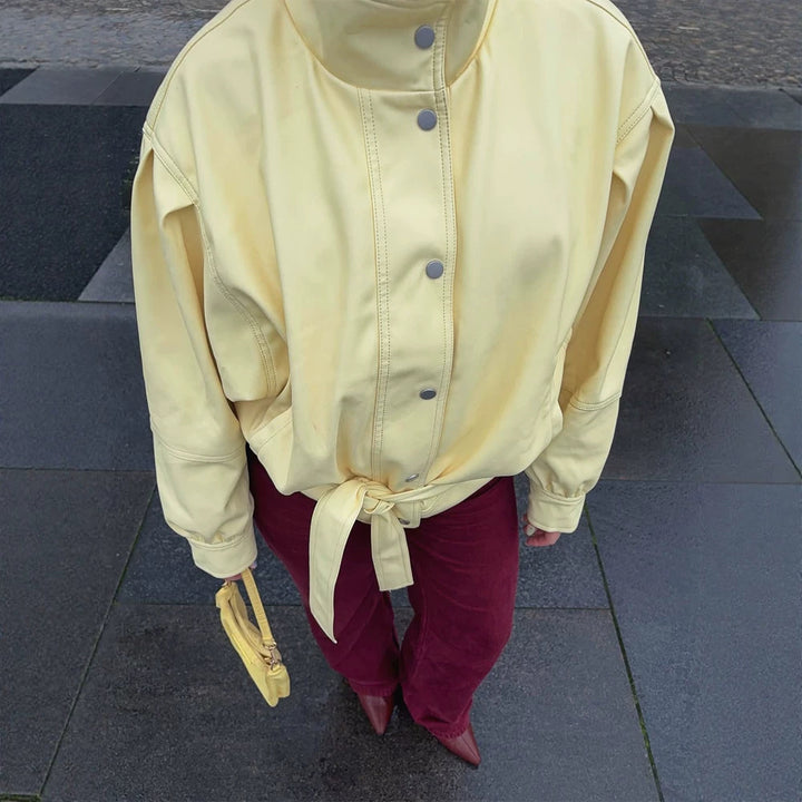 Women's Short Tailored Jacket with Stand Collar, Puff Sleeves and Tie Belt Mune Fashion