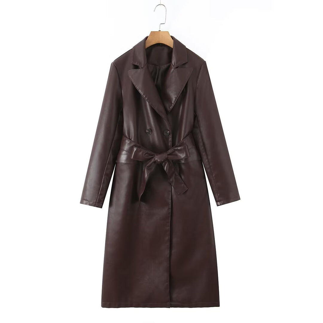 Women's Longline Faux Leather Trench Coat with Double-Breasted Button Placket and Waist Belt Mune Fashion