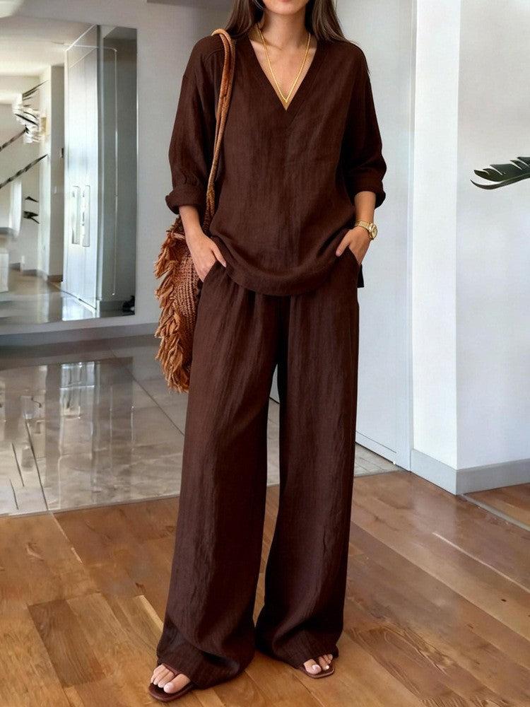 Women's lightweight linen look two-piece set with deep V-neck, loose 3/4 sleeves, and wide palazzo pants cut Mune Fashion