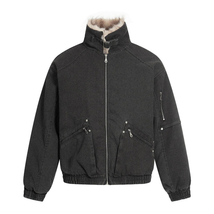 Men's Oversized Bomber Jacket in Vintage Canvas Look with Faux Fur Lined Stand Collar Mune Fashion
