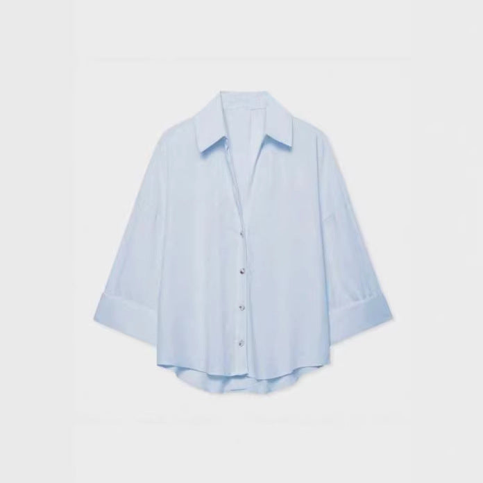 Women's Lightweight Oversized Linen Look Blouse with Three-Quarter Sleeves and Full Button Placket Mune Fashion