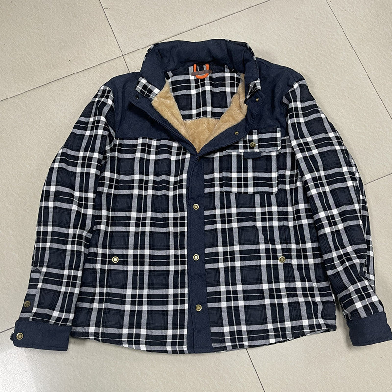 Men's Checkered Shirt Jacket with Teddy Lining and Suede Imitation Trimming Mune Fashion