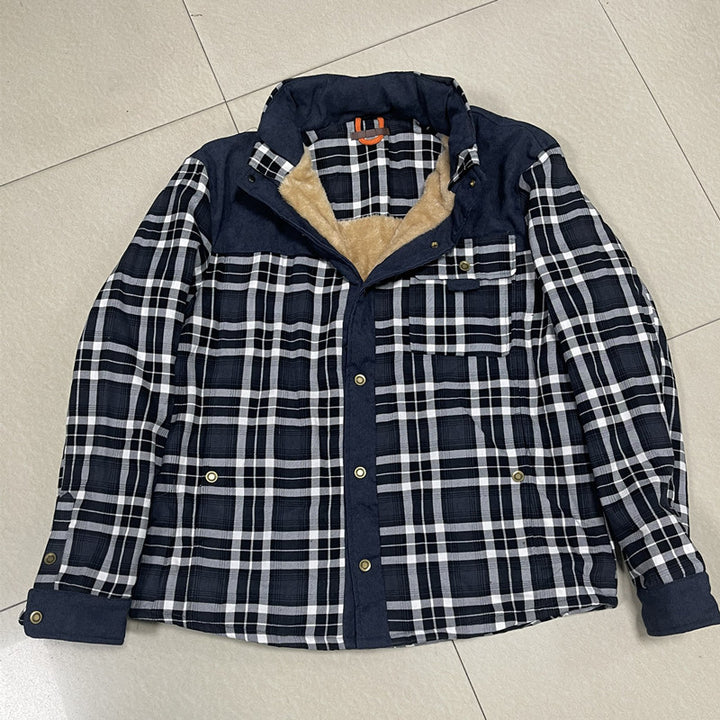 Men's Checkered Shirt Jacket with Teddy Lining and Suede Imitation Trimming Mune Fashion