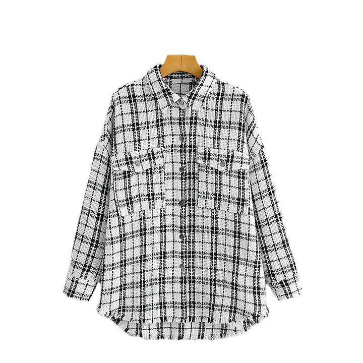 Women's Checked Boucle Shirt Jacket in Oversized Shacket Style with Chest Pockets Mune Fashion