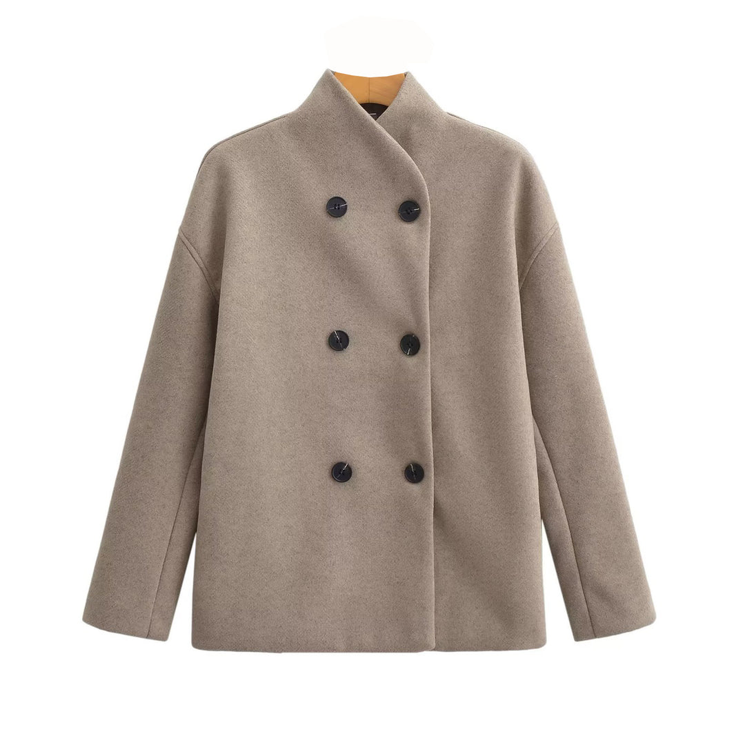 Women Oversized Double-Breasted Wool Coat with Stand-Up Collar Mune Fashion