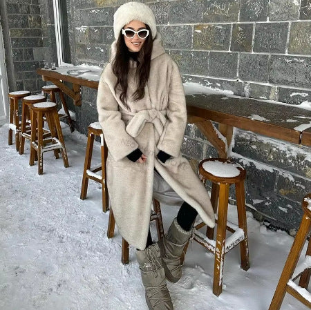 Women Longer Teddy Faux Fur Coat with Tie Belt and Oversized Silhouette Mune Fashion