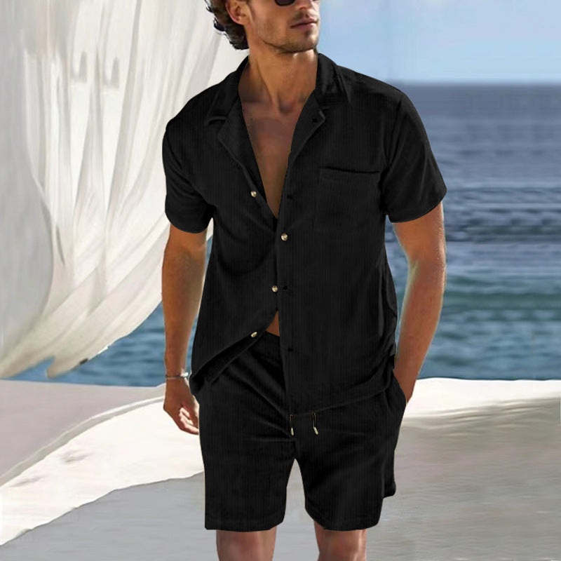 Men's casual linen summer ensemble with open collar shirt and short drawstring pants Mune Fashion