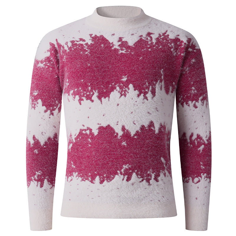 Men's Patterned Fine Knit Sweater with Light Stand-Up Collar and Mohair Look Mune Fashion