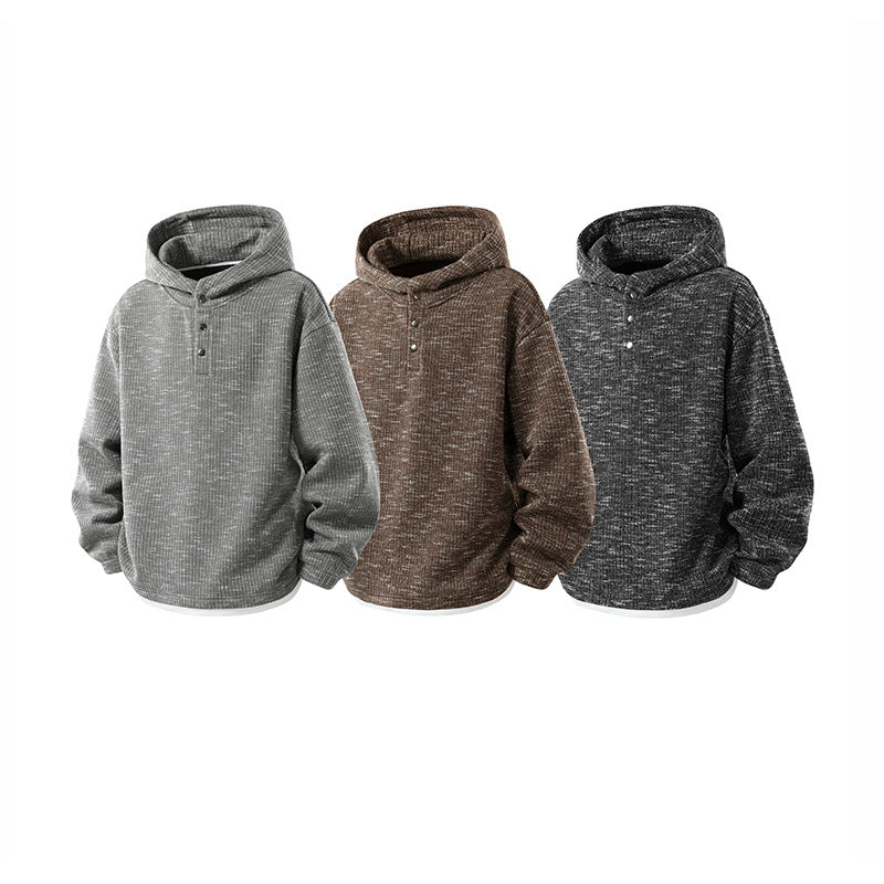 Men's Oversize Knit Hoodie with Snap Button Placket and Melanged Structure Mune Fashion