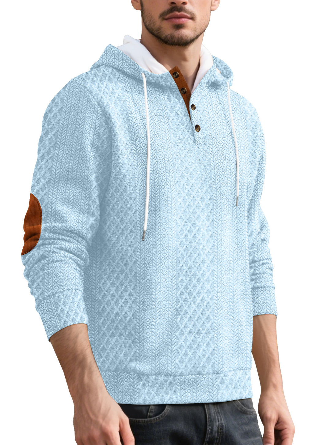 Men's nan diamond structure hoodie with short button placket, quilted hood inner edge, and suede elbow patch Mune Fashion