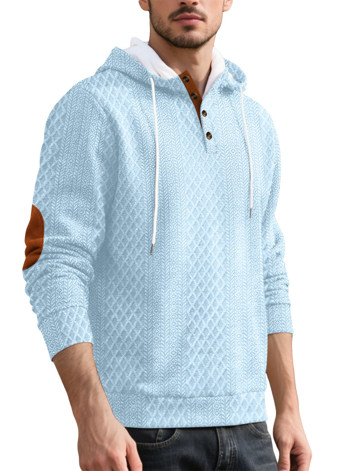 Men's nan diamond structure hoodie with short button placket, quilted hood inner edge, and suede elbow patch Mune Fashion
