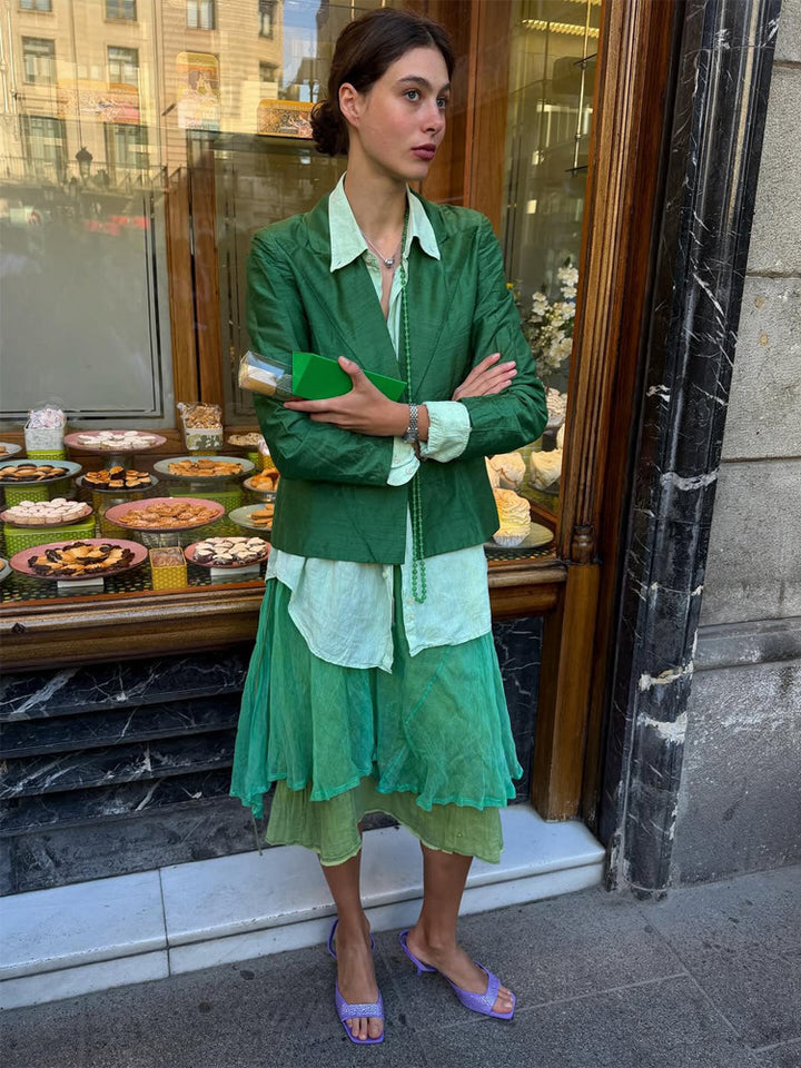 Women's Complete Outfit Short Blazer, Linen Blouse and Layered Midi Skirt Mune Fashion
