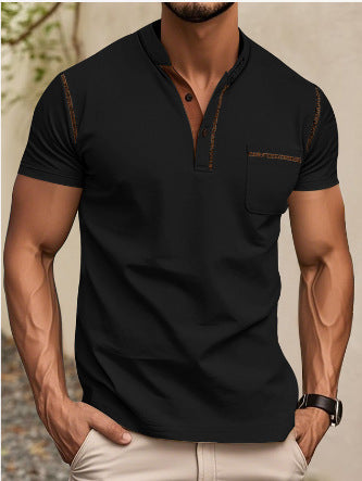 Men's modern short-sleeve Henley with stand collar, contrast stitching, and patch chest pocket Mune Fashion