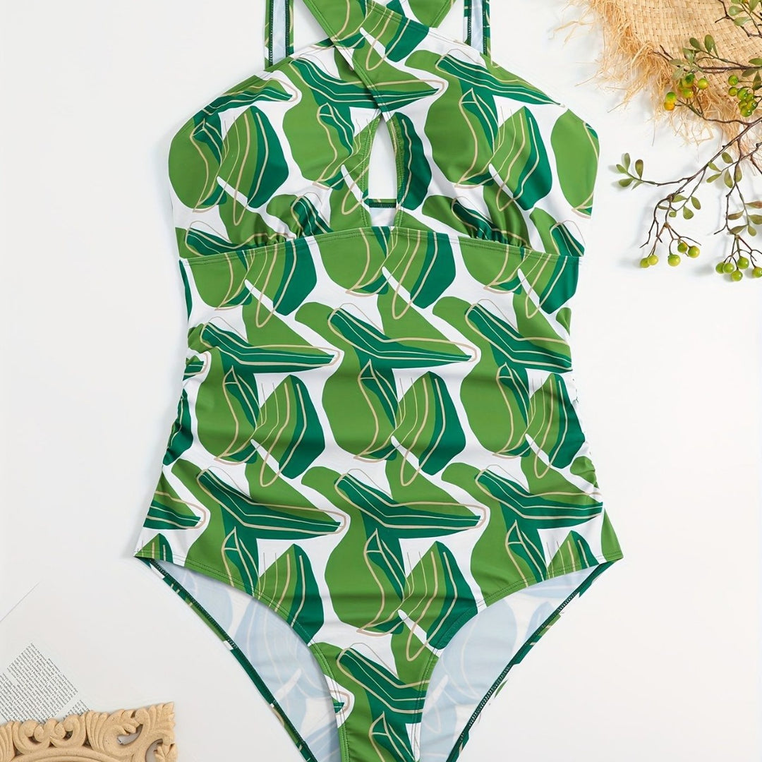 Women's one-piece swimsuit with modern cut and green leaf pattern Mune Fashion