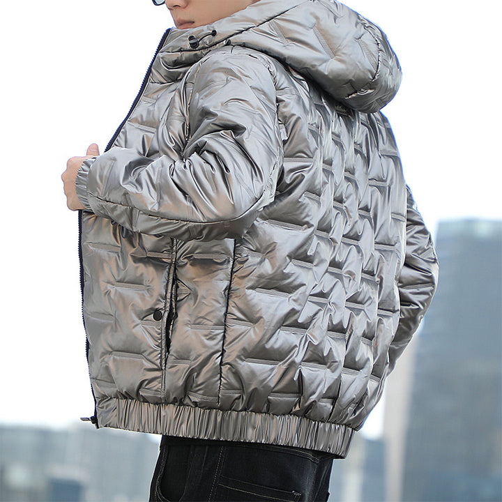 Men's Lightweight Quilted Hooded Puffer Jacket with Shiny Surface and Elastic Cuffs Mune Fashion