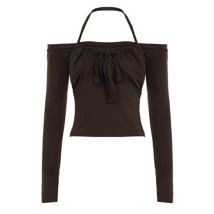 Women Short Cut Off-Shoulder Long Sleeve with Halter Neck, Bust Gathering and Binding Mune Fashion and Mune Fashion