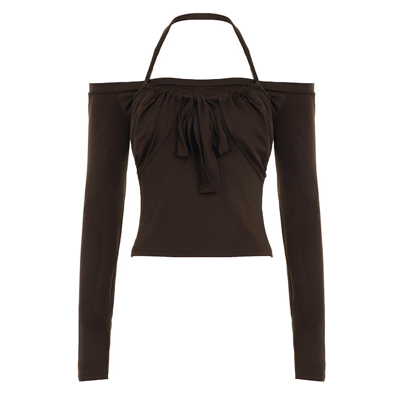 Women Short Cut Off-Shoulder Long Sleeve with Halter Neck, Bust Gathering and Binding Mune Fashion and Mune Fashion
