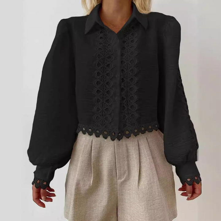 Women's Embroidered Linen Blouse with Lace, Balloon Sleeves and Shirt Collar Mune Fashion