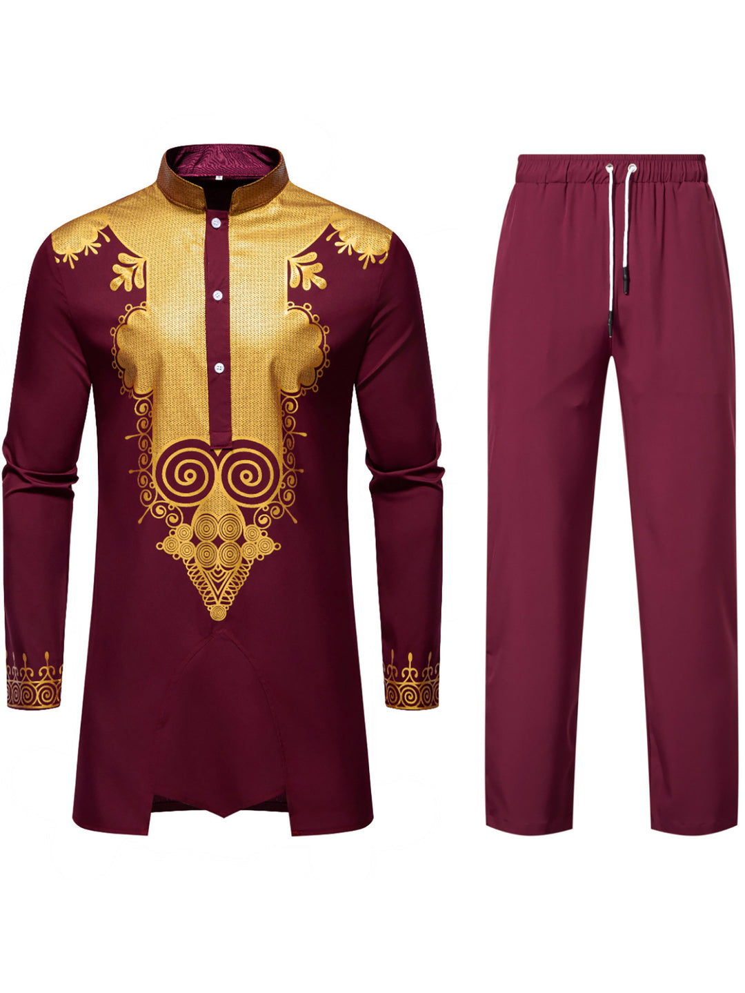 Men's Traditional Tunic Set with Mandarin Collar and Gold-Embellished Ornaments Mune Fashion