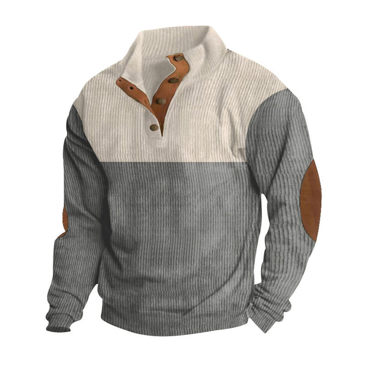 Men's ribbed knit pullover with stand-up collar, button placket and distinctive elbow patches Mune Fashion