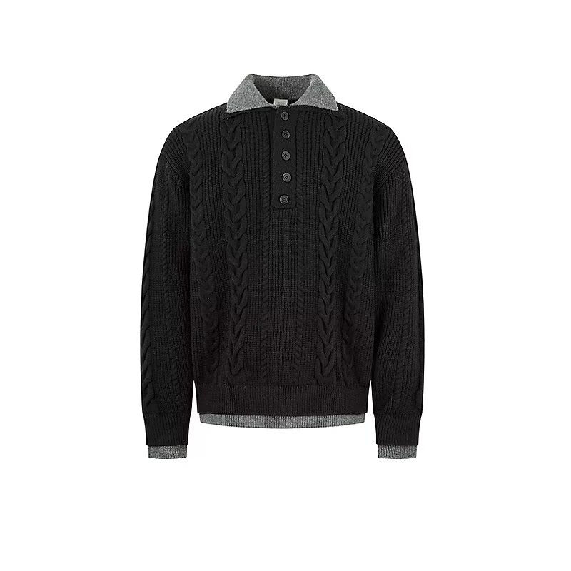 Men's chunky knit pullover with stand-up collar and button placket Mune Fashion