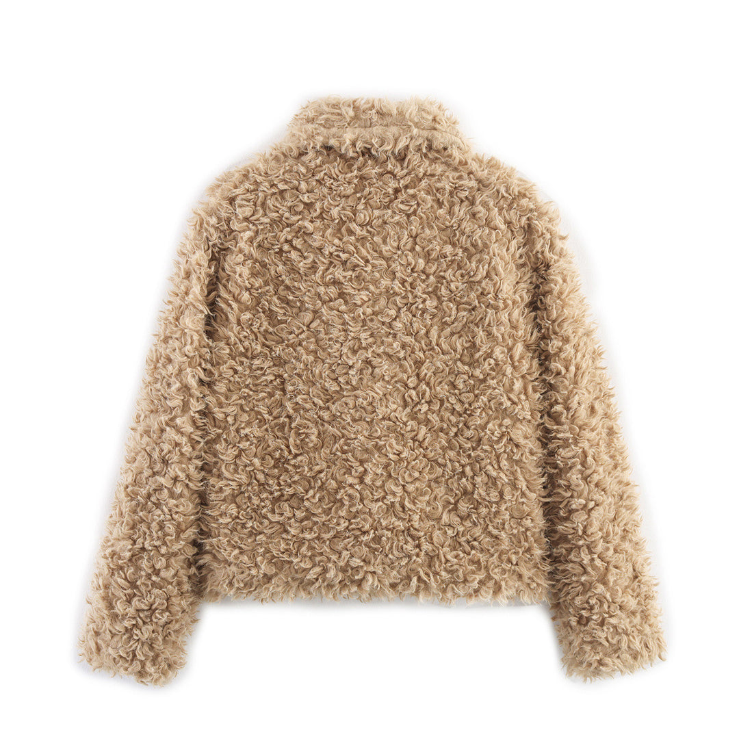 Women's short boucle teddy jacket with curly woven texture, shirt collar, and button closure Mune Fashion
