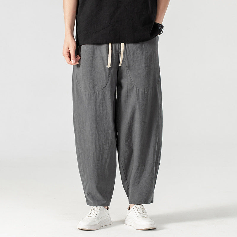 Men's Casual Linen-Cotton Pants with Wide Leg, Drawstring, and Patch Pockets Mune Fashion