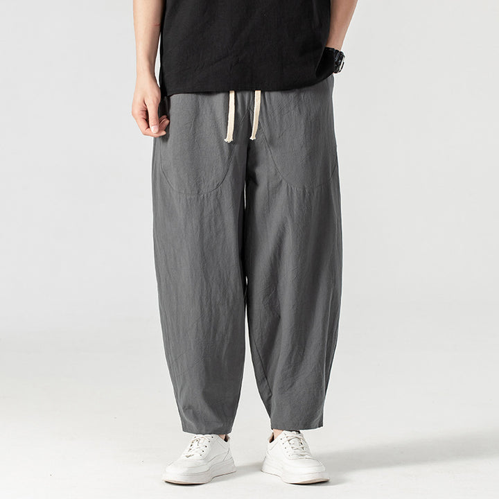 Men's Casual Linen-Cotton Pants with Wide Leg, Drawstring, and Patch Pockets Mune Fashion