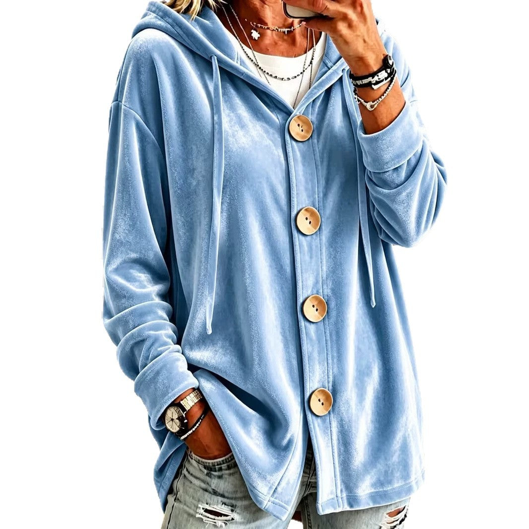 Women's Oversize Hooded Velvet Jacket with Large Wooden Buttons and Soft Velour Lining Mune Fashion