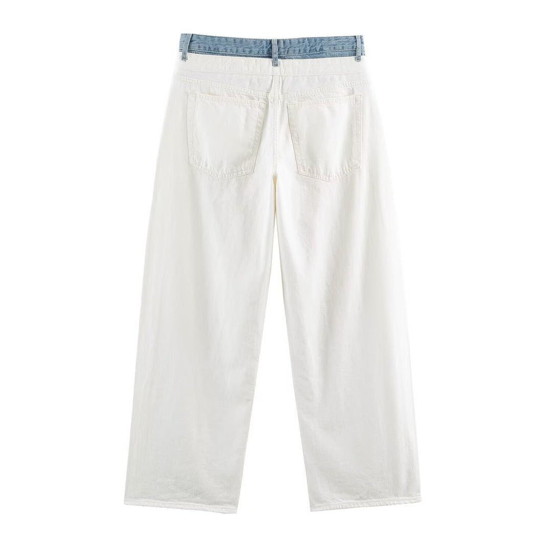 Women's Wide High-Waist Jeans with Contrast Waistband and Five-Pocket Design Drune