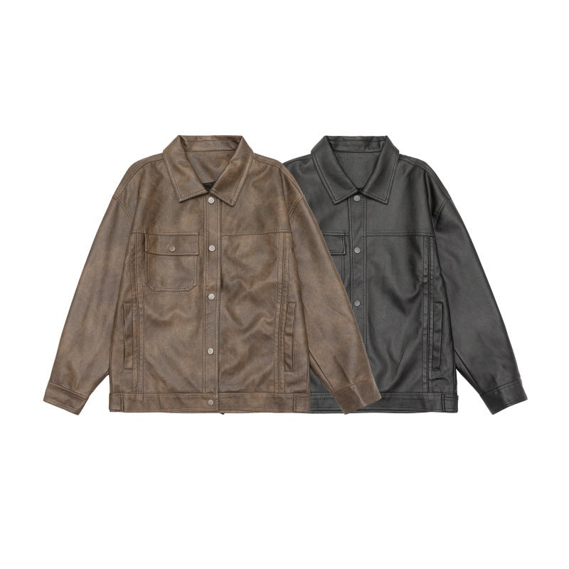 Men's loosely cut overshirt in vintage leather look with snap button front and breast flap Mune Fashion