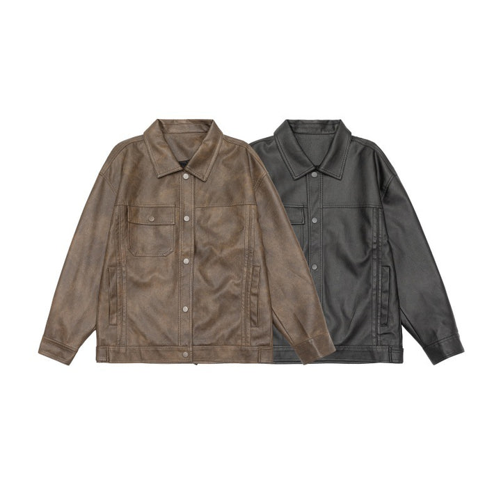Men's loosely cut overshirt in vintage leather look with snap button front and breast flap Mune Fashion