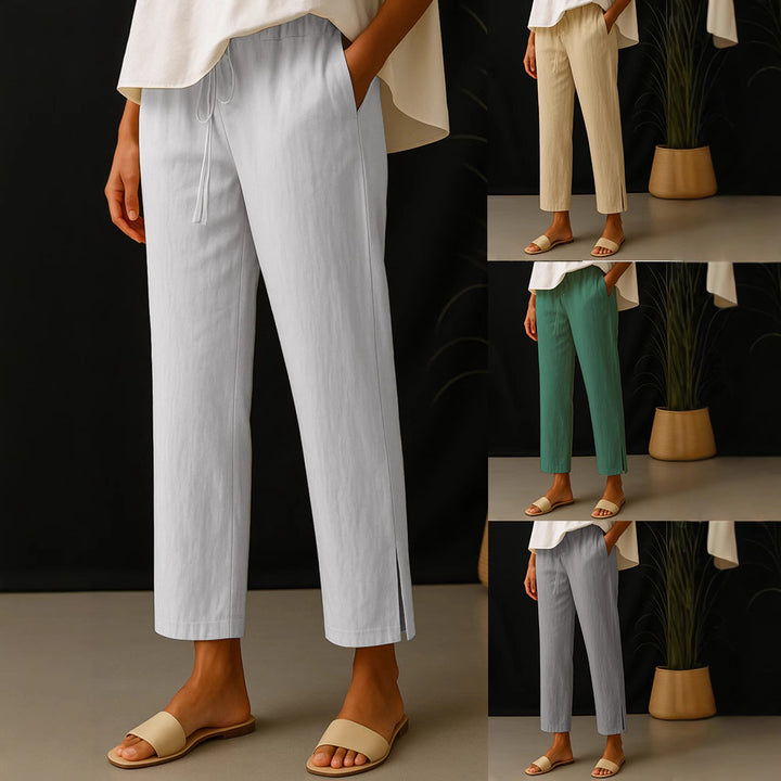 Women's Casual Chino Linen Look Culotte with Elastic Drawstring Waist and Side Pockets Mune Fashion