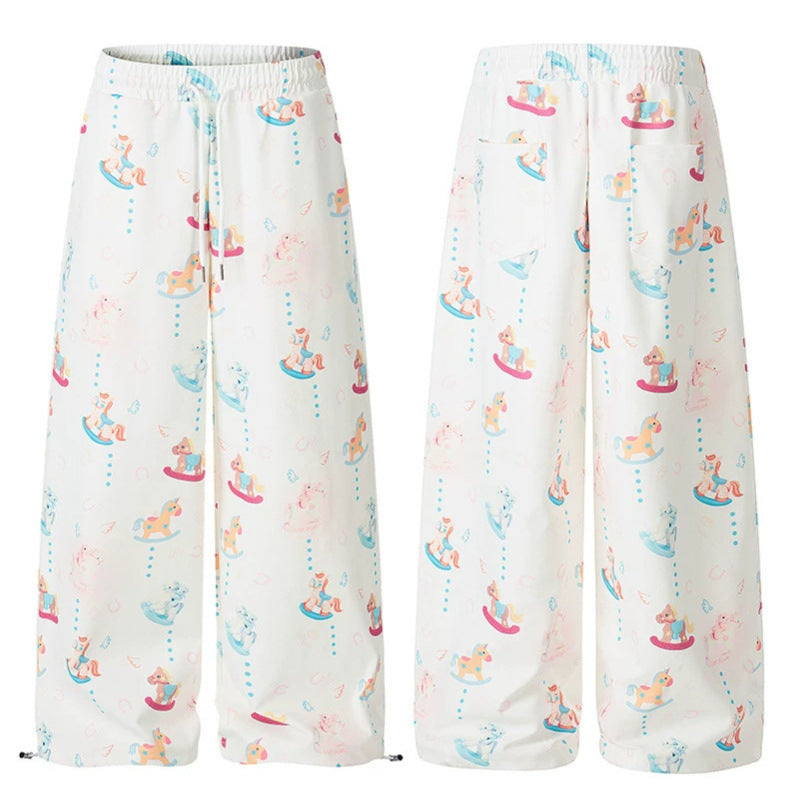 Women's Wide Palazzo Lounge Pants with Comfortable Waistband, Drawstring and Playful Rocking Horse Print Mune Fashion